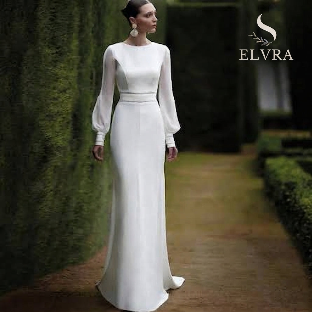 Customized Mermaid Wedding Dress Long Puffy Sleeves O Neck Trumpet Wedding Gowns for Women Backless Buttons Elegant Bridal Dress