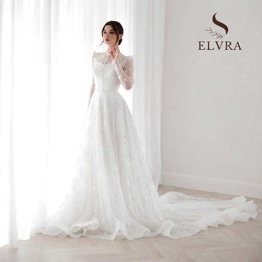 Saudi Arab Wedding Dress Customized Long Sleeve Illusion Sequined Lace Court Train Bridal Gown Robe De Mariage Bride Dresses
