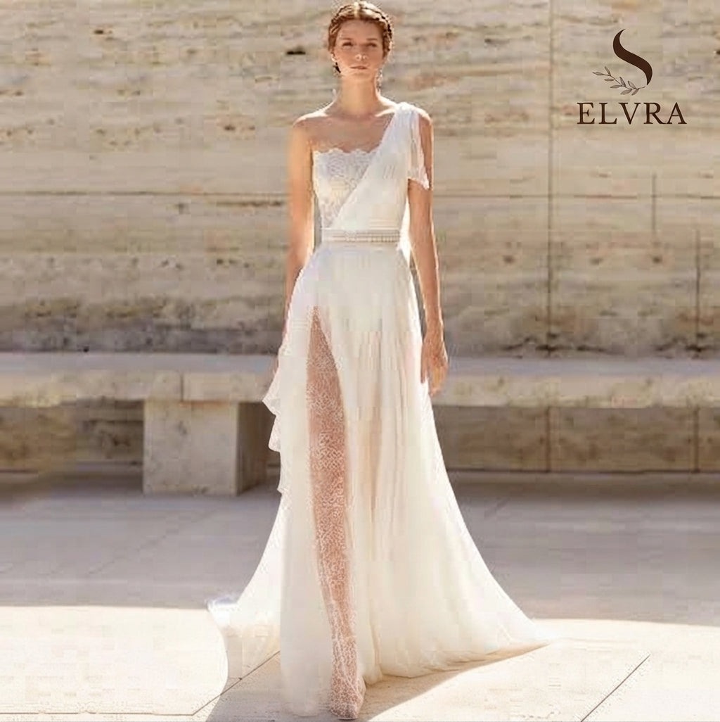 Elegant Boat Neck One Shoulder Wedding Dress Boho Chiffon Lace Irregular Floor Length Bride Beach Customized Summer Bohemia Gown