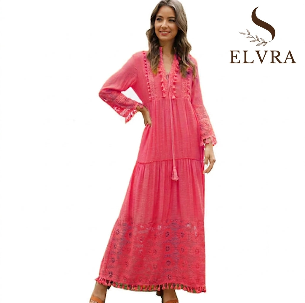 Ladies Bohemian V-Neck Tassel Large Size Casual Dress Women Lace Solid Fashion Dress Elegant Robe Boho Holiday Long Dress