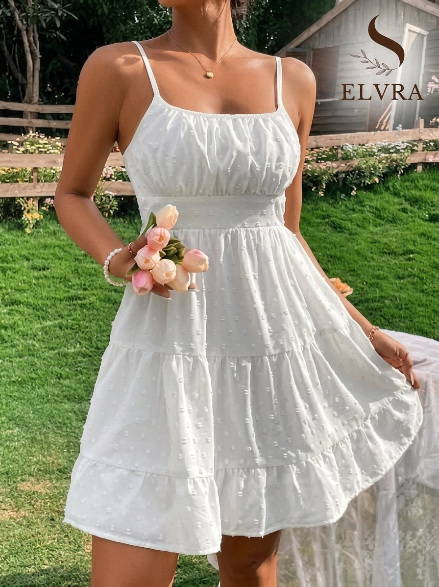 Women's White Swiss Dot Mini Dress Spaghetti Strap High Waist Ruffled Tiered Hem A Line Casual Summer Short Dress