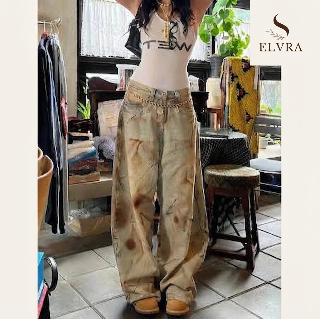 American High Street Aalyptic Sle Dyed Jeans Women's plus Size Dir Sexy Girl Vintage Waed Floor-Length Pants