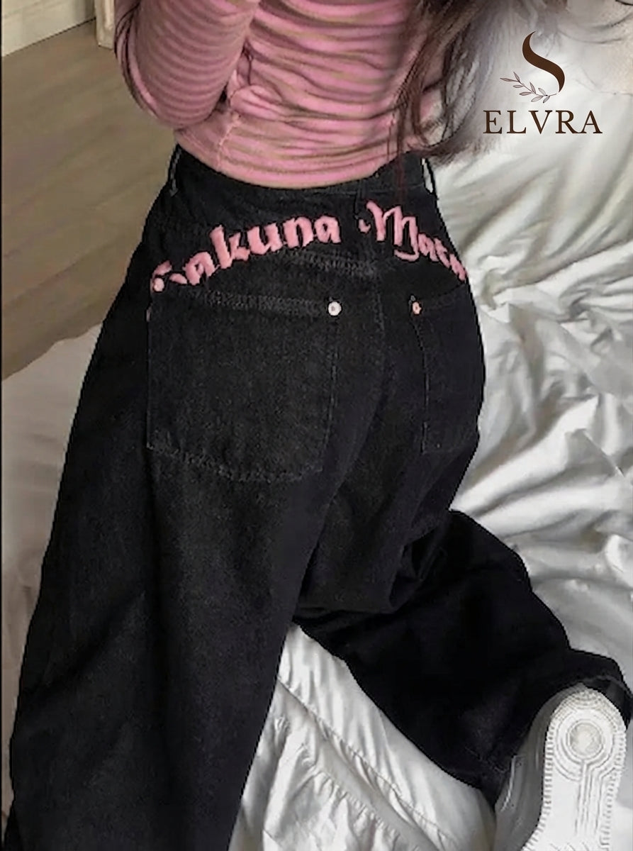 Women's Sweet Casual Full Length Baggy Denim Trouser Retro Emo Harajuku Loose Jeans Letter Embroidery High Waist Y2K 2000s Pants