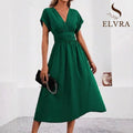 Dresses 2027 Woman Summer Solid-Color V-Neck Batwing-Sleeve Pleated Long Elegant Dress Woman Clothing Tops Skirts Y2k Clothes