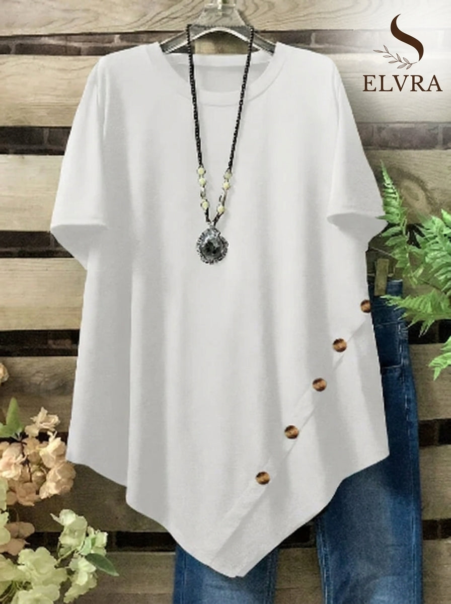 Plus Size New Summer Women's Solid Color Round Neck Tops Button Decoration Creative Irregular Hem Clothing Short Sleeved T-shirt