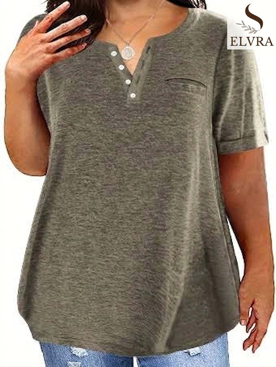 Plus Size 1XL-5XL Women's Spring and Summer New Style Loose Tops Ladies Casual V-neck Short Sleeve Pocket T-shirt