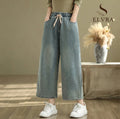 Artistic Wide Leg Denim Jeans Women's Loose Fit Nine-Piece Vintage Slim Straight Cut Trousers Spring Faion Elastic Waist
