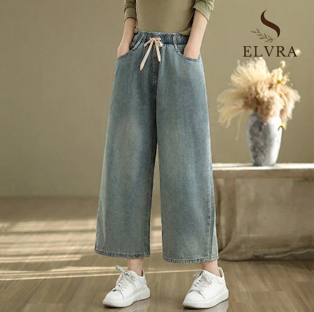Artistic Wide Leg Denim Jeans Women's Loose Fit Nine-Piece Vintage Slim Straight Cut Trousers Spring Faion Elastic Waist