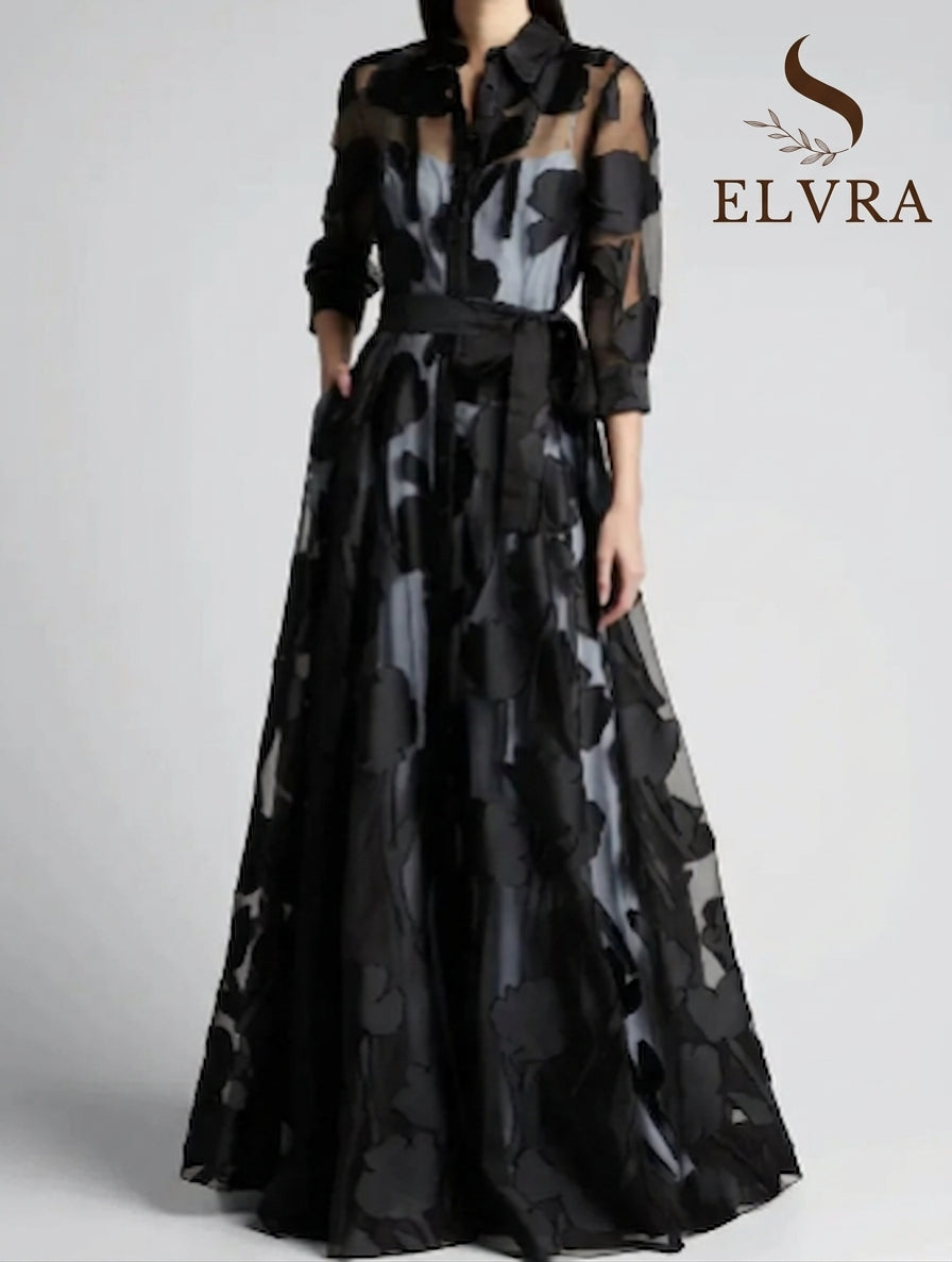 Fashion Autumn Dress for Women Polk Dot Elegant Turn Down Collar Transperant 3/4 Sleeve Elegant Casual Vintage A-Line Long Dress