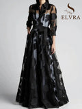 Fashion Autumn Dress for Women Polk Dot Elegant Turn Down Collar Transperant 3/4 Sleeve Elegant Casual Vintage A-Line Long Dress