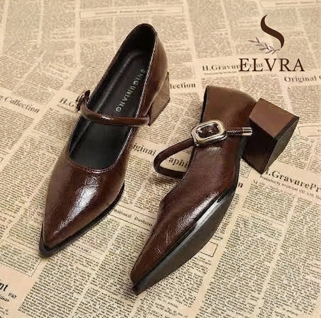 2026 Premium Leather Mary Janes - French Vintage Pointed Toe Pumps Chunky Heel Single Strap Shoes Buckle Decor