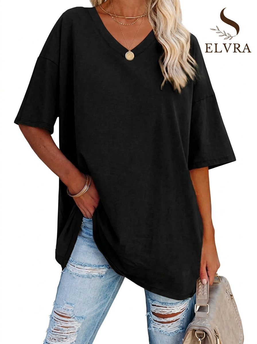 Women's Loose V-Neck Top Spring/Summer New Color Half Sleeve European American Style Clothing Amazon Foreign Trade