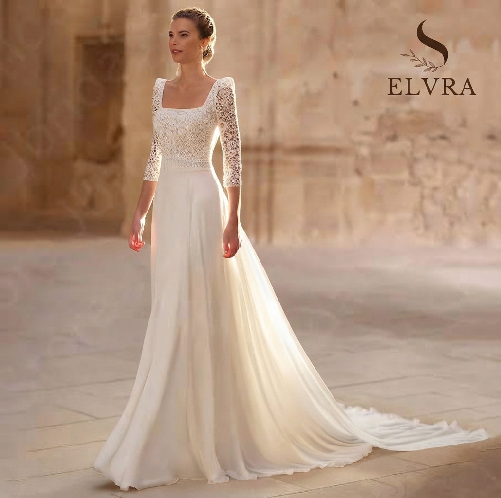 Customized Classic Wedding Dresses 2025 Lace Bridal Gowns Square Neckline Bride Dresses 3/4 Sleeves Wedding Gowns Cut Out Back