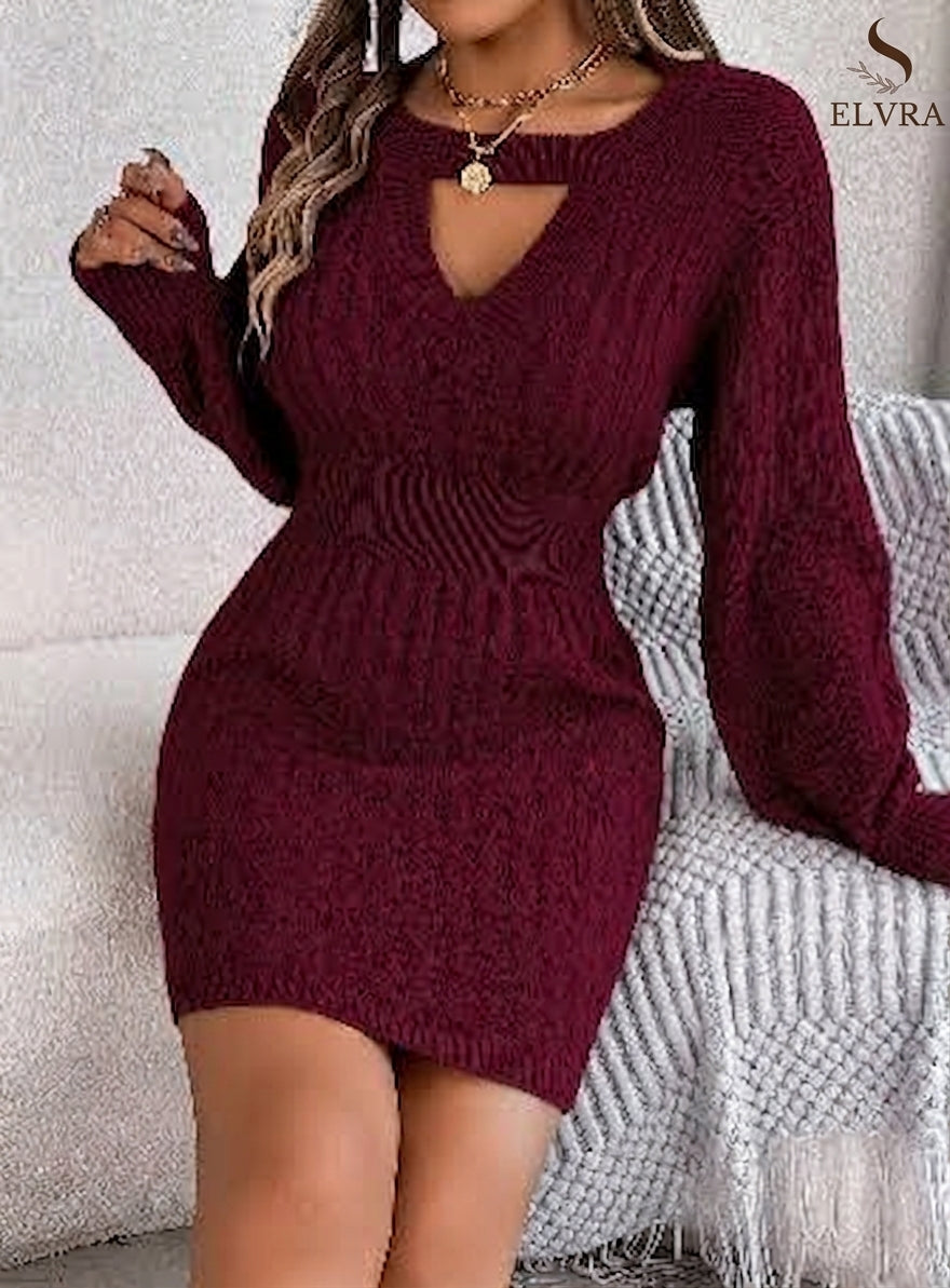 Autumn Winter Solid Color Woolen Dress O-Neck Lantern Sleeve Hollow Out Knitted Dresses for Women Fashion Casual Vestidos