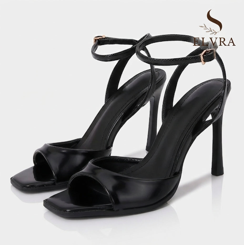 Black Patent Leather Ankle Strap Buckle Heeled Sandals Women Sexy Square Open Toe High Heels Summer Elegant Party Office Shoes