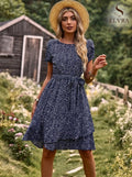 Summer O Neck Casual Printd Women Strap High Waist Pleated Floral Dress