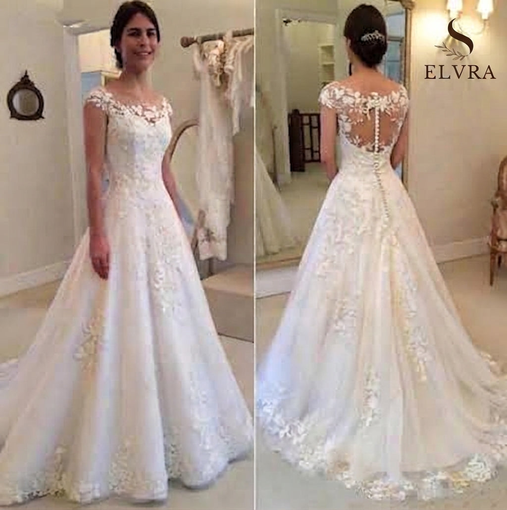 White Elegant Appliqued Wedding Dresses 2023 Sheer Back Cap Sleeves Vintage Lace Bride Gown Vestidos De Novia A-line