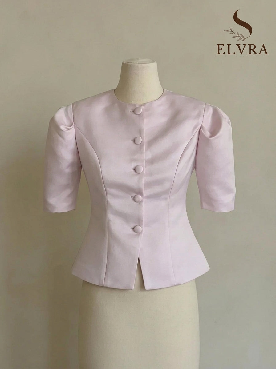 KT Elegant Satin Puff Sleeve Blouse for Women Round Neck Button Down Fitted Waist Asymmetric Hem Office & Formal Wear Tops