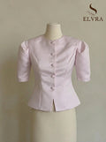 KT Elegant Satin Puff Sleeve Blouse for Women Round Neck Button Down Fitted Waist Asymmetric Hem Office & Formal Wear Tops