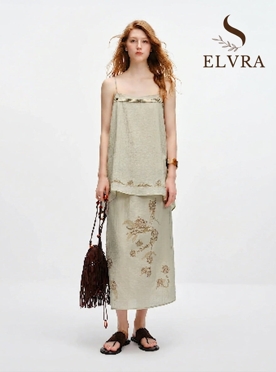 Vintage Printed Camis Midi Skirt Set Square Neck Sleeveless Summer Elastic Waist Outfit Silk Office Daily