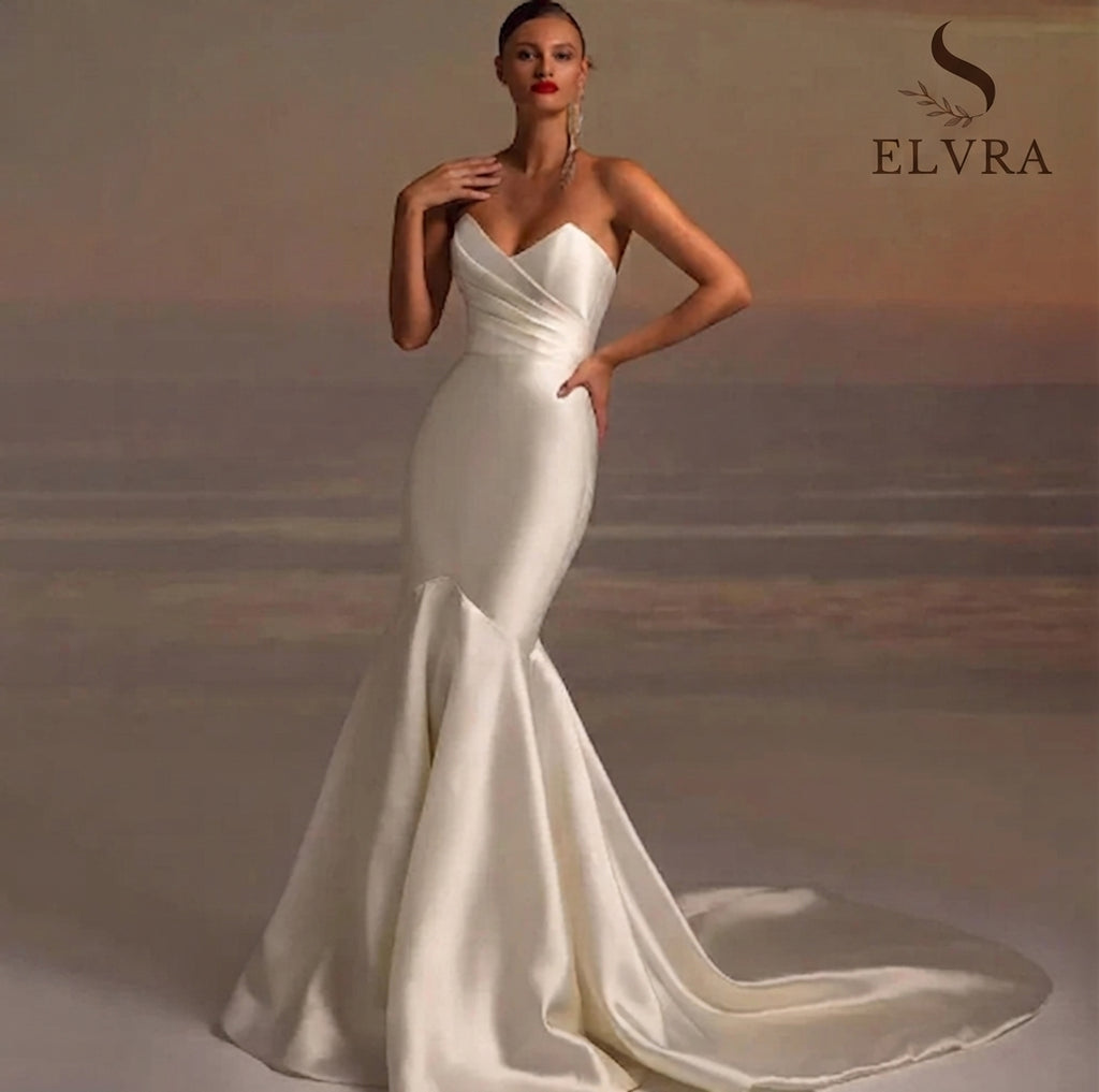 Classic Mermaid Wedding Dress Strapless V-Neck Sleeveless Satin Bride Gown Pleat Civil Marriage Dresses Princess Bridal Robe