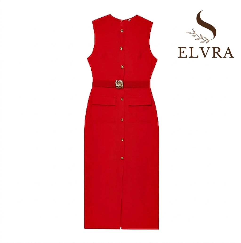 Female Summer Elegant Midi Dress O-Neck Hem Slit With Belt Sleeveless Single Breasted Back Zipper Fashion Long Dress