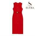 Female Summer Elegant Midi Dress O-Neck Hem Slit With Belt Sleeveless Single Breasted Back Zipper Fashion Long Dress