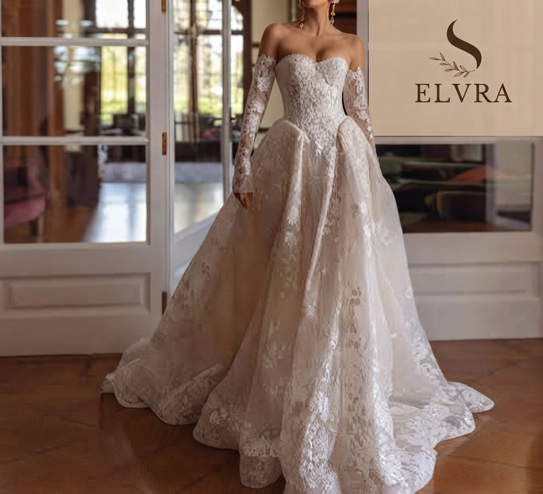 A-Line Graceful Wedding Dresses Strapless Long Sleeve Vestido De Novia Lace Embroidery Vintage Custom Made Bridal Gown