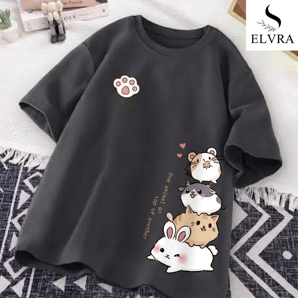 Summer Trendy Simple Cat Printed Short-sleeved T-shirt for Ladies and Boys Same Loose Casual Large-size Top