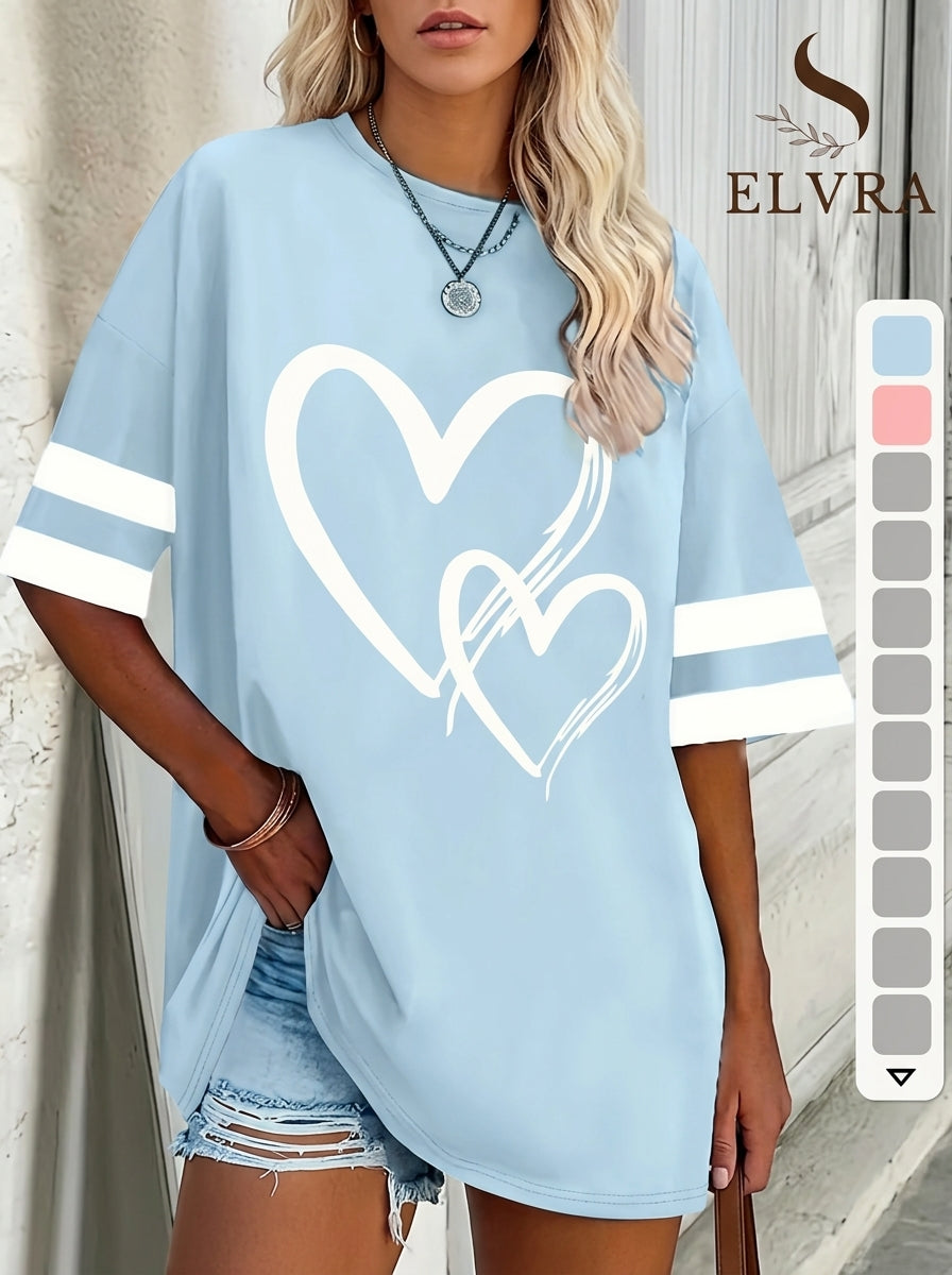 Plus  Size Women's Heart-Striped Print T-Shirt - Casual Short Sleeve V-neck Tops Suitable for Spring and Summer