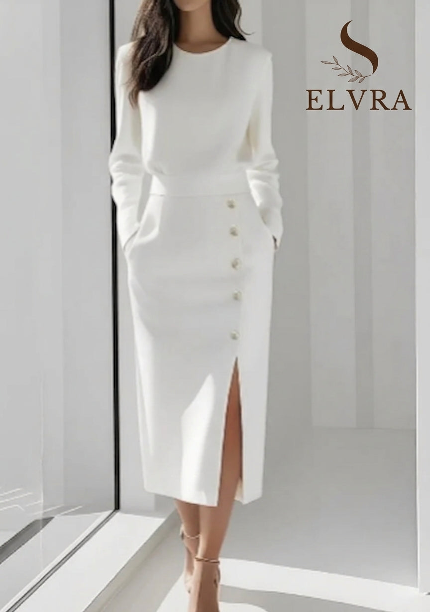 Women's  Solid Color Long Sleeves Elegant Midi Dress with Button Details and Side Slit - Crew Neck