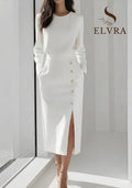 Women's  Solid Color Long Sleeves Elegant Midi Dress with Button Details and Side Slit - Crew Neck