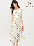 2026 New Summer Women's Polka Dot French Style Dress, Waist-Cinching Flowy Midi Dress for Coquette Chic & Daily Vacation