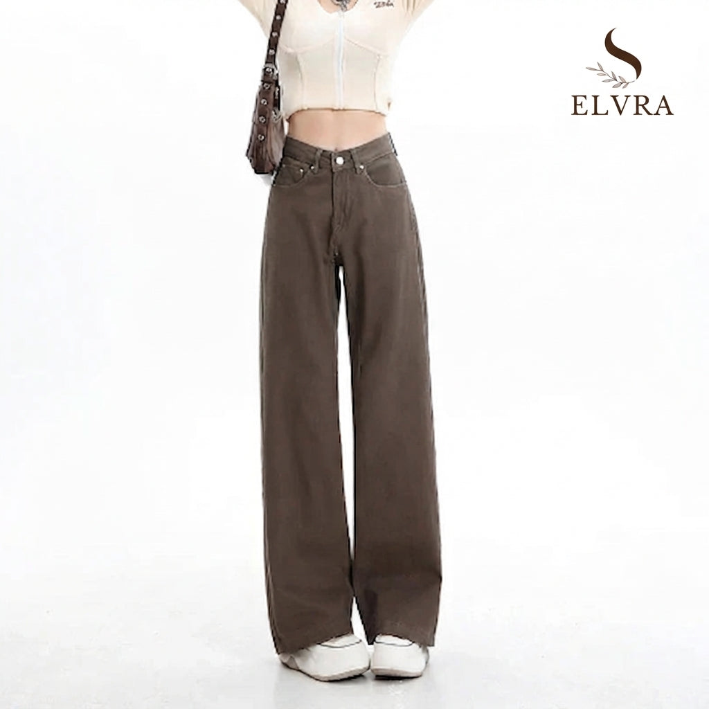 Baggy High Street Fashion Straight brown Jeans for Women's Y2k High Waist Female Clothing Solid Color Casual Wide Denim Trousers
