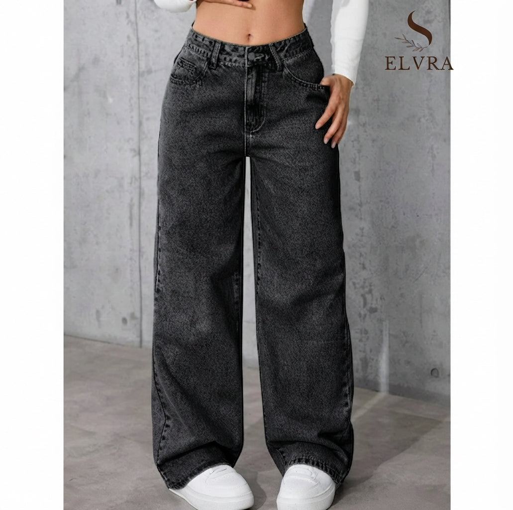 Women's Classic Wide Leg Stretch Jeans with Button  Soft Comfortable Autumn Winter Vintage Wash Stylish Jeans High Street Pants