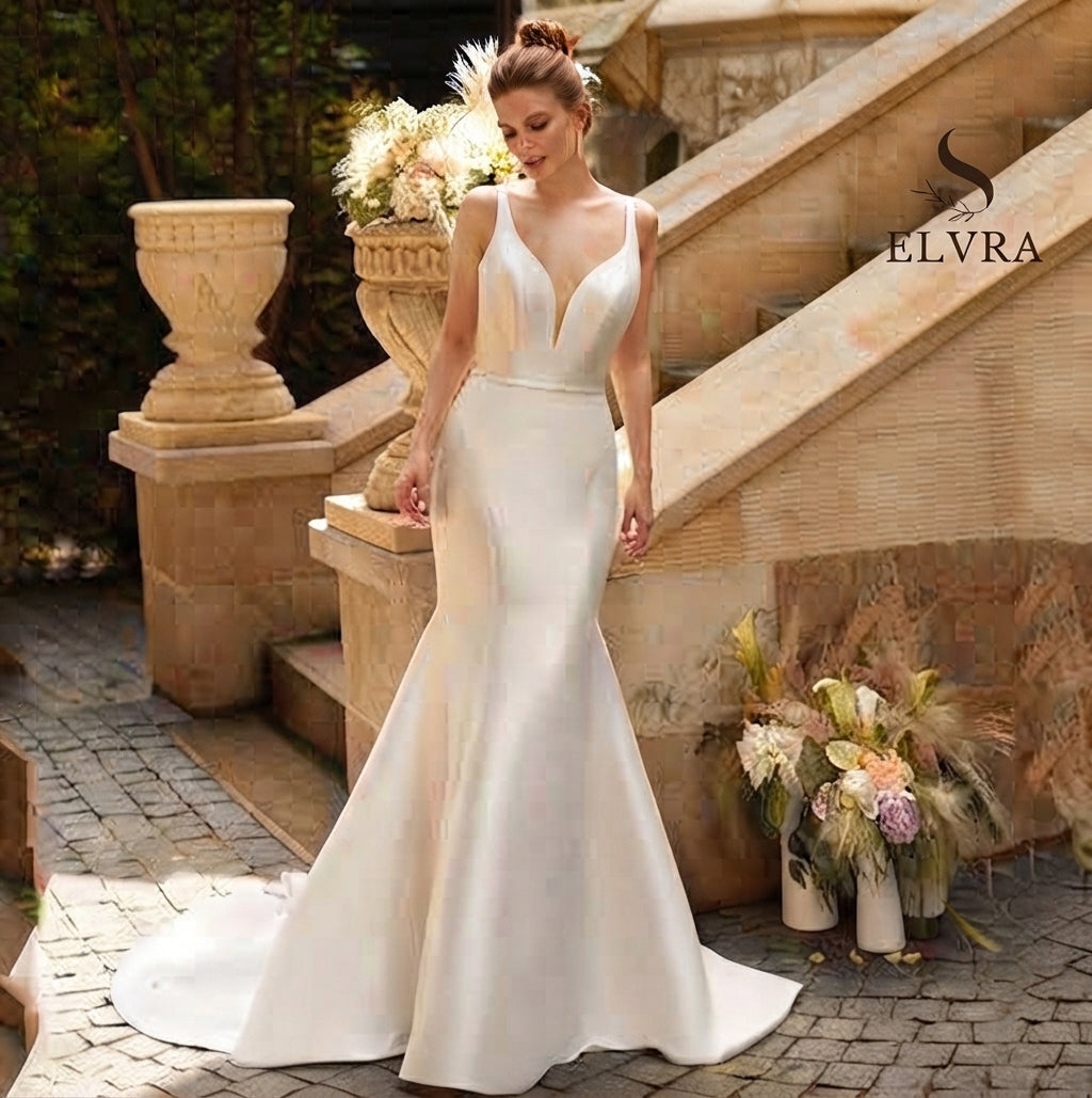 Elegant Wedding Dress of V-Neck and Backless Spaghetti Straps with Belt Mermaid High Quality Sexy Bridal for Church Marry Gowns