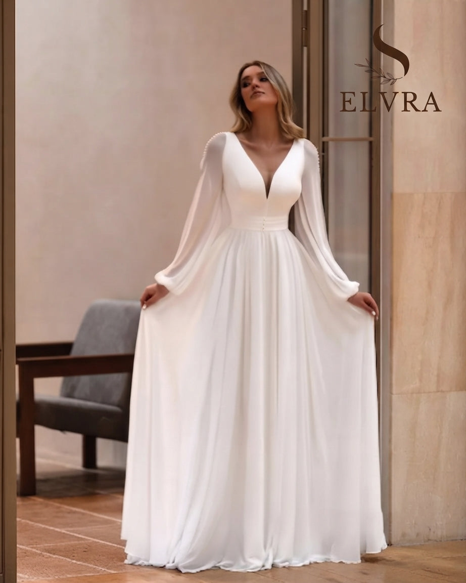 Customized Wedding Dresses for Bride  Long Sleeves V Neck Simple Bridal Gown with Pearls A Line Robe De Mariee