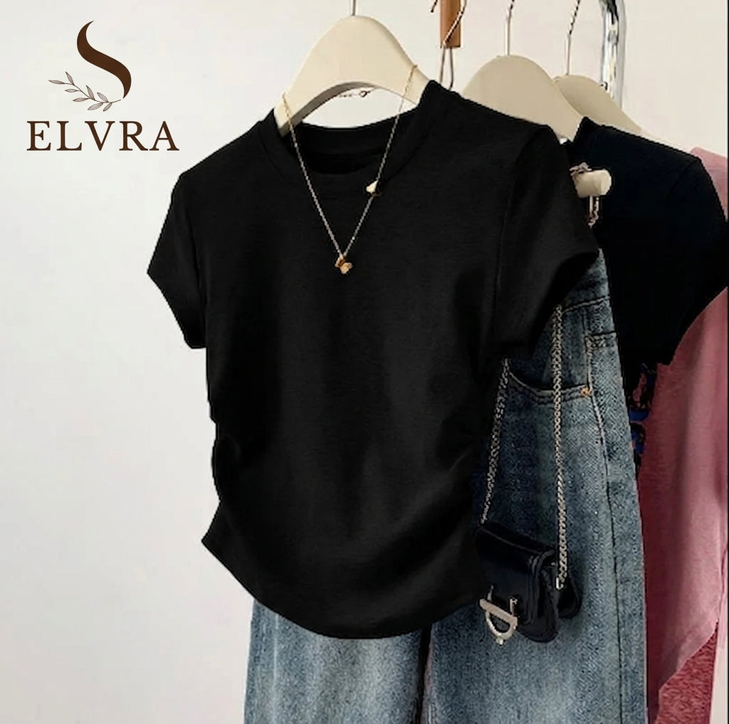 Summer Slim Fit Top for Women Casual Threaded Waist Cinched U-Shaped Hem Short Sleeve Irregular Hemline Women's Clothing