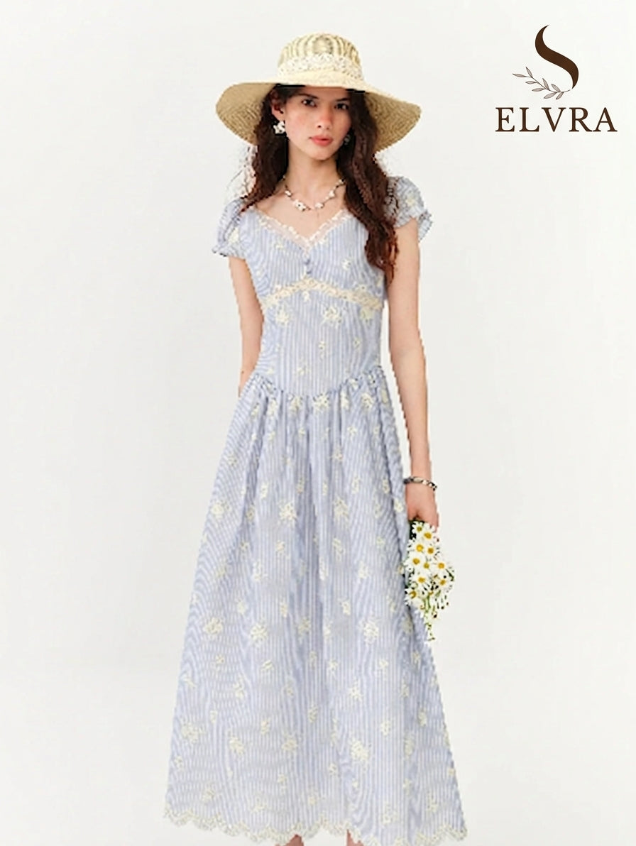 2026 Summer Cotton Gauze Blue Stripe Floral Embroidery Midi Dress French Farmhouse A-line Flowy Shift Coastal Cottagecore