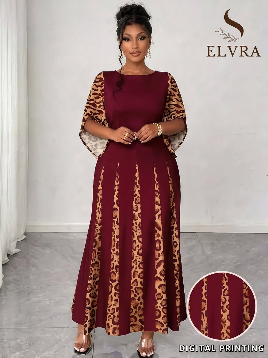 Elegant Leopard Print Maxi Dress, Plus Size Fashionable Long Sleeve Gown, Comfortable & Stylish Women's Clothing