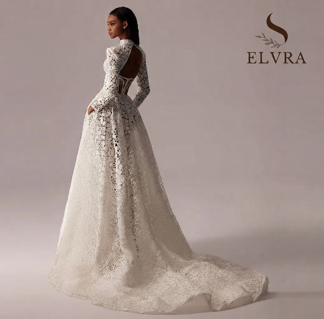 Customized Exquisite Wedding Dresses Lace High Collar Bridal Gown Long Sleeves Wedding Gown Back Out Robe de mariée 2024 Cut Out