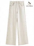 2024 Summer Women's White Linen Blend Embroidered Straight Leg Jeans - Elegant Casual Trousers for Daily and Summer Wear