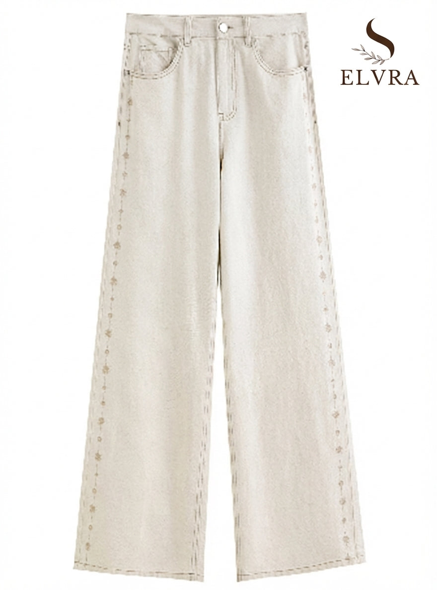 2024 Summer Women's White Linen Blend Embroidered Straight Leg Jeans - Elegant Casual Trousers for Daily and Summer Wear