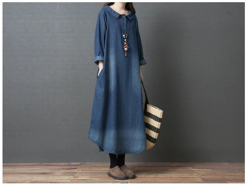 Women's Denim Dr Long Sve Loose Fit irt Sle Autumn Spring Faion plus Size Clothing Meat Concealing Slimming Skirt