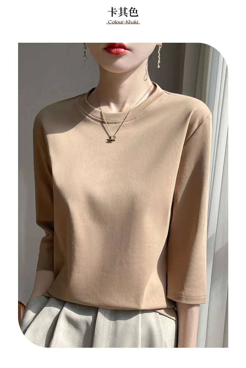 Mercerized Cotton Cropped Sleeve Female Spring And Summer 2023 New Round Neck Loose 100% Cotton Short Sleeve Bottoming T-Shirt