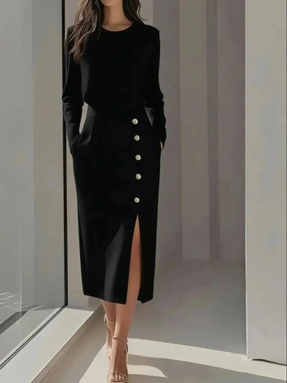 Women's  Solid Color Long Sleeves Elegant Midi Dress with Button Details and Side Slit - Crew Neck