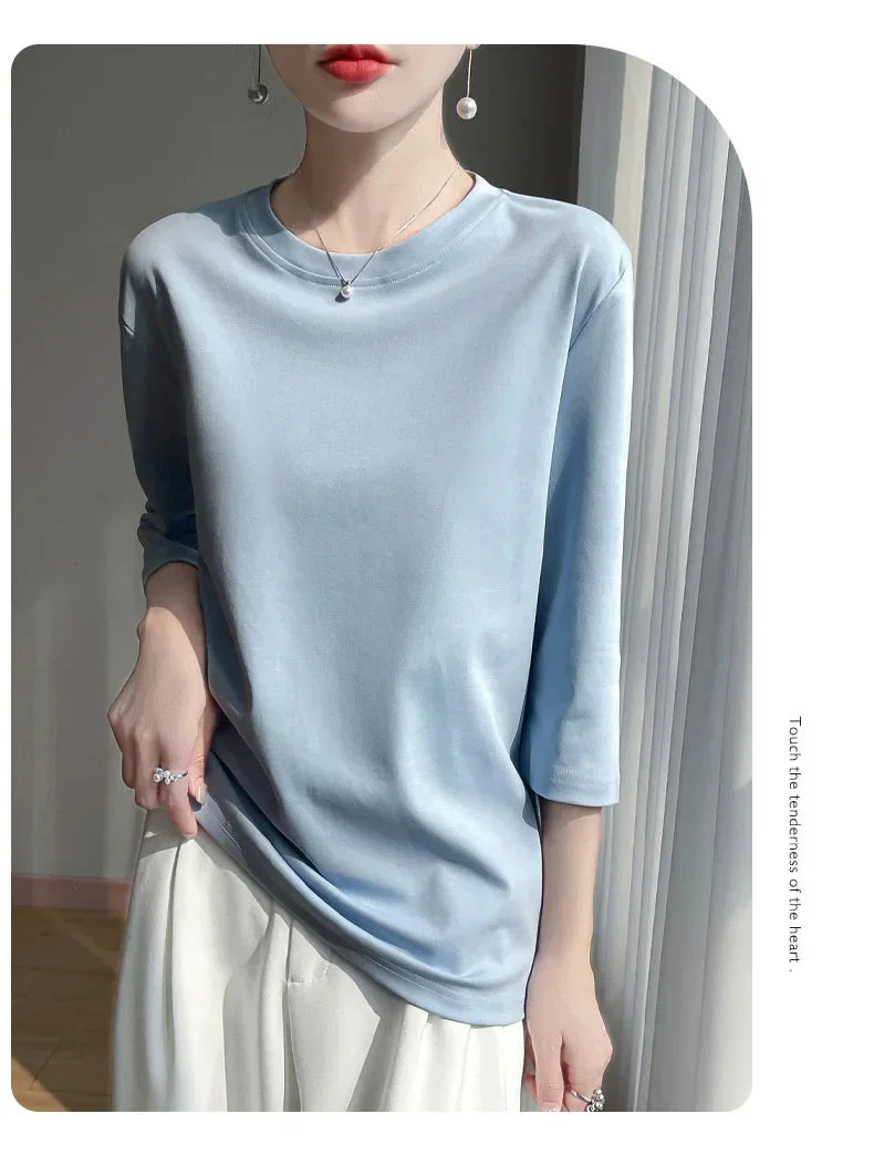Mercerized Cotton Cropped Sleeve Female Spring And Summer 2023 New Round Neck Loose 100% Cotton Short Sleeve Bottoming T-Shirt