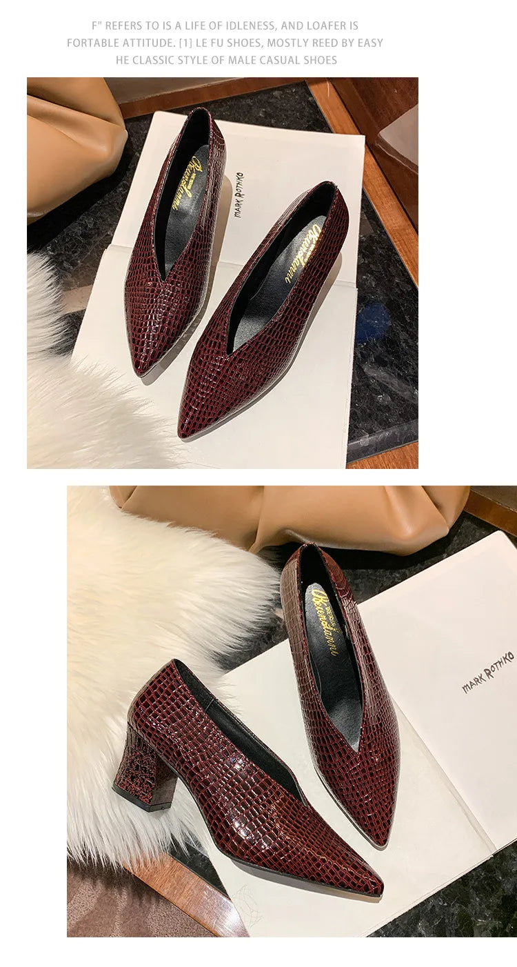 Vintage black Soft Leather Shallow Pointed Toe Thick Heel Women's Flats 2024 New Spring Summer High Heel Versatile High Shoes