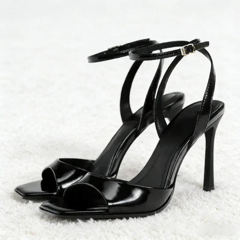 Gold Patent Leather Ankle Buckle High Heeled Sandals Women Sexy Square Toe Open Toe High Heels Summer Fashion Party Office Shoes