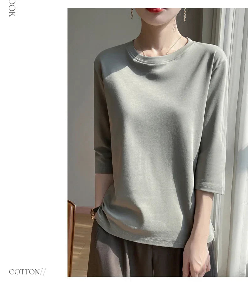 Mercerized Cotton Cropped Sleeve Female Spring And Summer 2023 New Round Neck Loose 100% Cotton Short Sleeve Bottoming T-Shirt